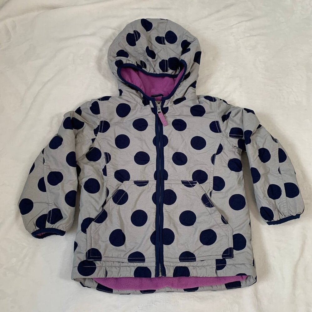 Mini Boden‎ Hooded Polka Dot Jacket Kids 4-5Y Gray Navy Blue Fleece Lined Zip Up